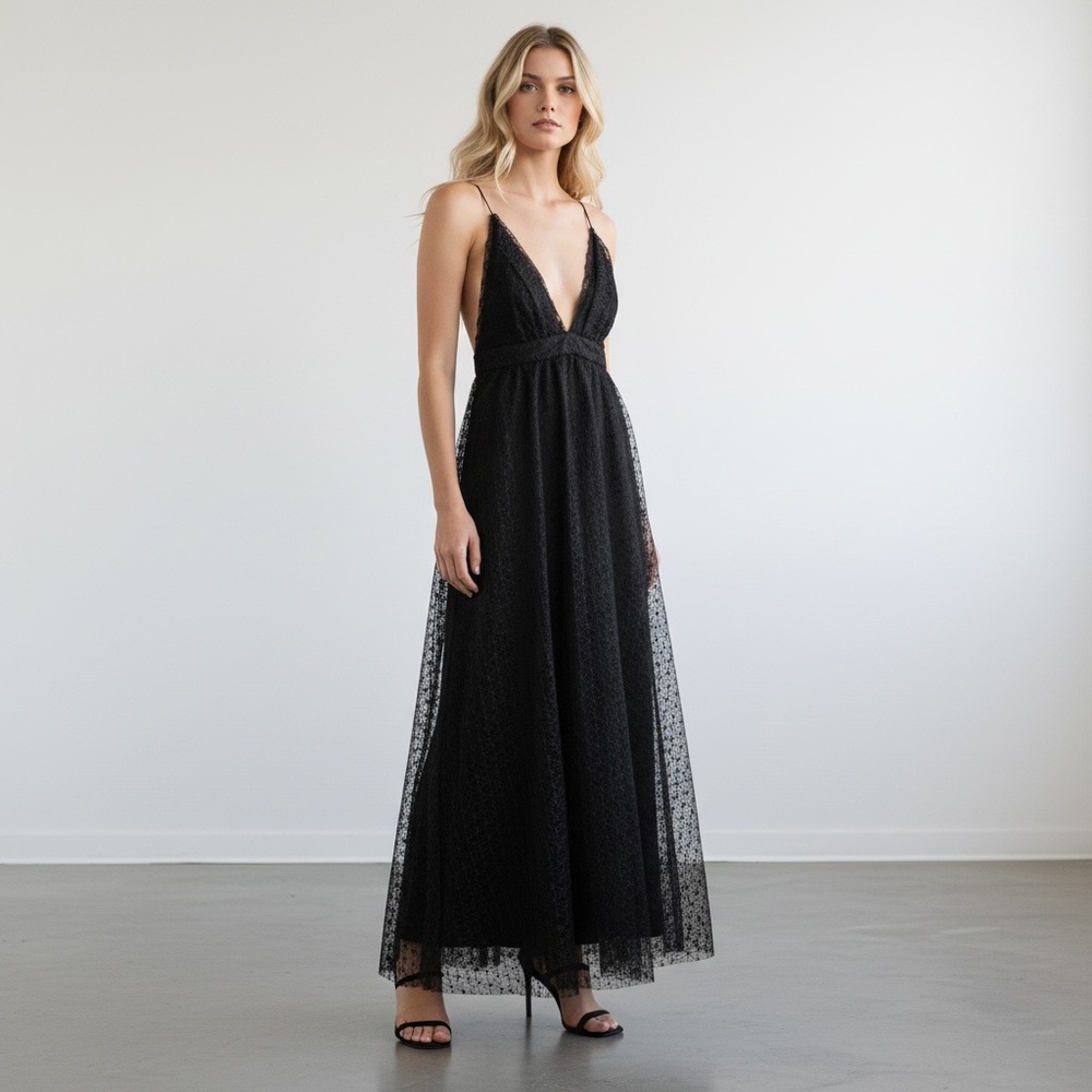 The Vintage Shop Black Spaghetti Strap V-Neck Lace Maxi Dress
